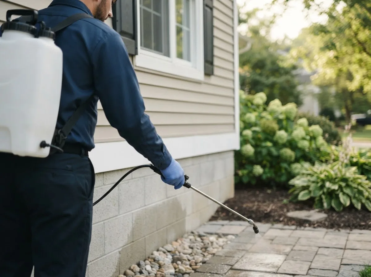 Pest control technician inspecting a home in Cortland, NE